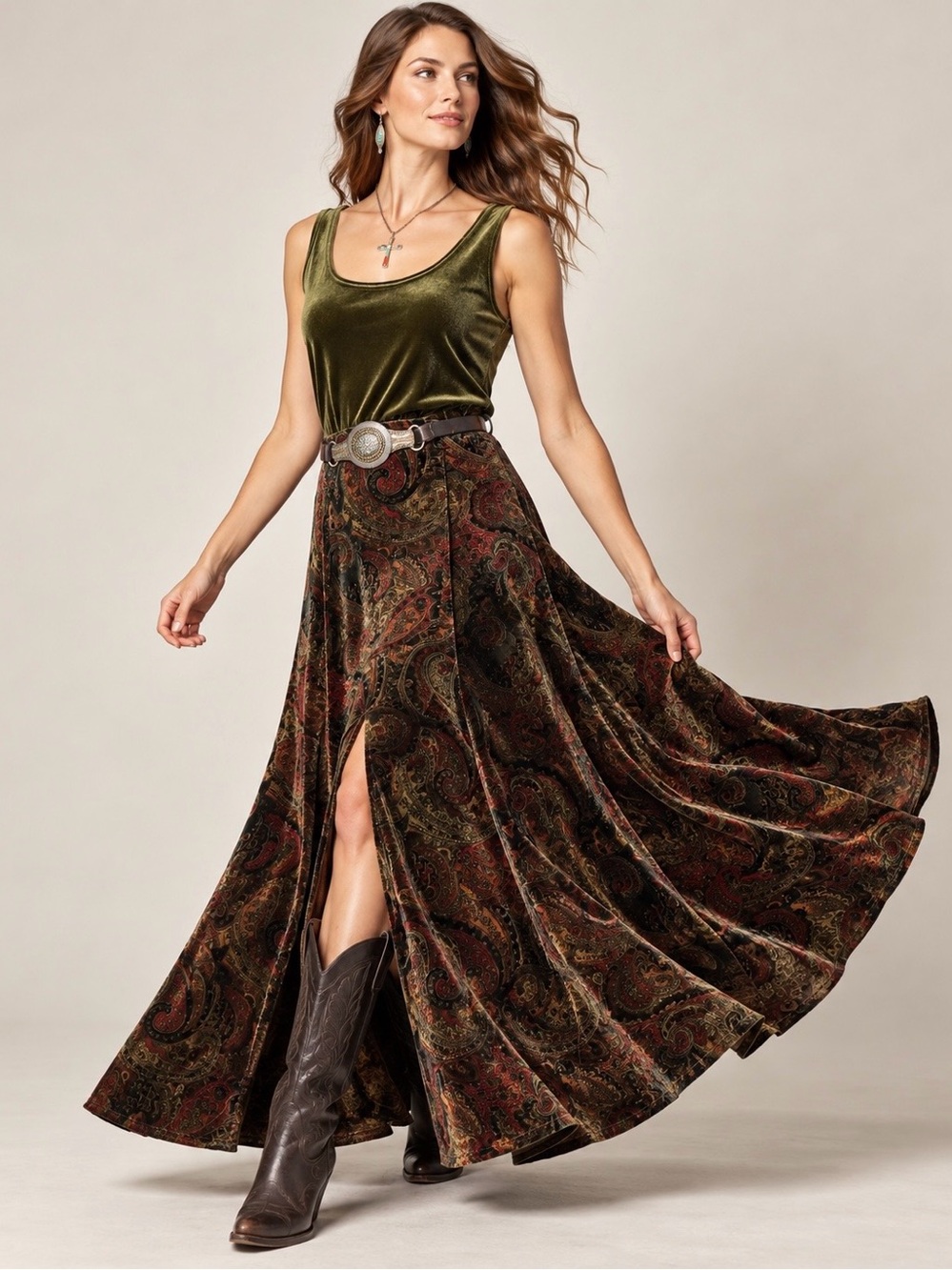 Vintage Double D Ranch Thoroughbred Paisley Velvet Skirt Top Set S